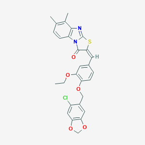 molecular formula C28H23ClN2O5S B317517 (2E)-2-[[4-[(6-chloro-1,3-benzodioxol-5-yl)methoxy]-3-ethoxyphenyl]methylidene]-5,6-dimethyl-[1,3]thiazolo[3,2-a]benzimidazol-1-one 