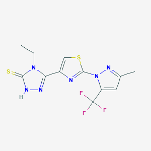 molecular formula C12H11F3N6S2 B3175174 4-ethyl-5-{2-[3-methyl-5-(trifluoromethyl)-1H-pyrazol-1-yl]-1,3-thiazol-4-yl}-4H-1,2,4-triazole-3-thiol CAS No. 956193-65-0