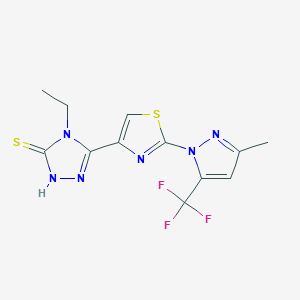 molecular formula C12H11F3N6S2 B3175174 4-乙基-5-{2-[3-甲基-5-(三氟甲基)-1H-吡唑-1-基]-1,3-噻唑-4-基}-4H-1,2,4-三唑-3-硫醇 CAS No. 956193-65-0