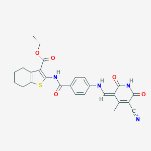 ethyl 2-[[4-[[(Z)-(5-cyano-4-methyl-2,6-dioxopyridin-3-ylidene)methyl]amino]benzoyl]amino]-4,5,6,7-tetrahydro-1-benzothiophene-3-carboxylate