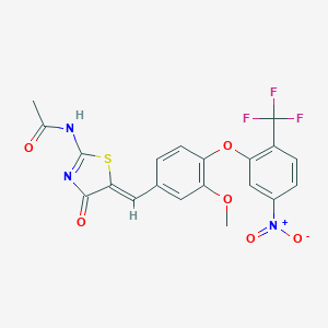 molecular formula C20H14F3N3O6S B317554 N-(5-{4-[5-nitro-2-(trifluoromethyl)phenoxy]-3-methoxybenzylidene}-4-oxo-1,3-thiazolidin-2-ylidene)acetamide 