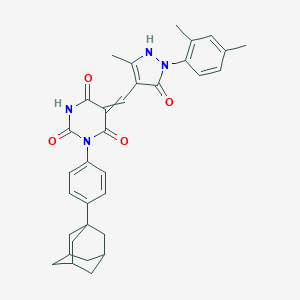 molecular formula C33H34N4O4 B317583 1-[4-(1-adamantyl)phenyl]-5-[[2-(2,4-dimethylphenyl)-5-methyl-3-oxo-1H-pyrazol-4-yl]methylidene]-1,3-diazinane-2,4,6-trione 
