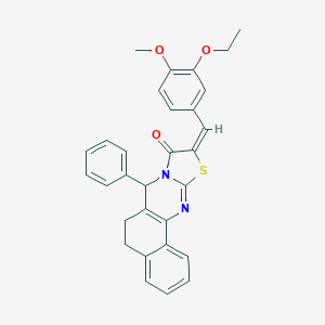 (14E)-14-[(3-ethoxy-4-methoxyphenyl)methylidene]-11-phenyl-15-thia-12,17-diazatetracyclo[8.7.0.02,7.012,16]heptadeca-1(10),2,4,6,16-pentaen-13-one