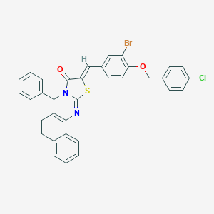 molecular formula C34H24BrClN2O2S B317597 (14Z)-14-[[3-bromo-4-[(4-chlorophenyl)methoxy]phenyl]methylidene]-11-phenyl-15-thia-12,17-diazatetracyclo[8.7.0.02,7.012,16]heptadeca-1(10),2,4,6,16-pentaen-13-one 