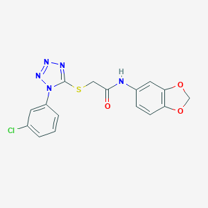 molecular formula C16H12ClN5O3S B317612 N-1,3-benzodioxol-5-yl-2-{[1-(3-chlorophenyl)-1H-tetrazol-5-yl]thio}acetamide 