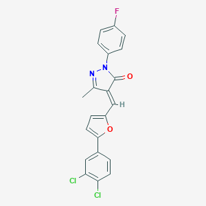molecular formula C21H13Cl2FN2O2 B317628 4-{[5-(3,4-dichlorophenyl)-2-furyl]methylene}-2-(4-fluorophenyl)-5-methyl-2,4-dihydro-3H-pyrazol-3-one 