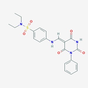 molecular formula C21H22N4O5S B317688 N,N-diethyl-4-[[(Z)-(2,4,6-trioxo-1-phenyl-1,3-diazinan-5-ylidene)methyl]amino]benzenesulfonamide 