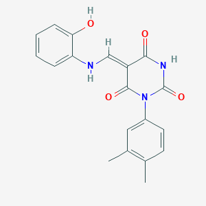 molecular formula C19H17N3O4 B317717 (5Z)-1-(3,4-dimethylphenyl)-5-[(2-hydroxyanilino)methylidene]-1,3-diazinane-2,4,6-trione 