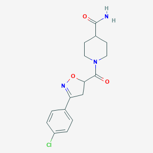 molecular formula C16H18ClN3O3 B318173 1-{[3-(4-Chlorophenyl)-4,5-dihydro-5-isoxazolyl]carbonyl}-4-piperidinecarboxamide 