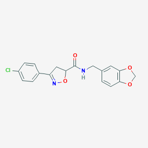 molecular formula C18H15ClN2O4 B318175 N-(1,3-benzodioxol-5-ylmethyl)-3-(4-chlorophenyl)-4,5-dihydro-1,2-oxazole-5-carboxamide 
