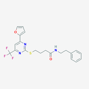 molecular formula C21H20F3N3O2S B318293 4-(4-Furan-2-yl-6-trifluoromethyl-pyrimidin-2-ylsulfanyl)-N-phenethyl-butyramide 