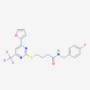 molecular formula C20H17F4N3O2S B318294 N-(4-fluorobenzyl)-4-{[4-(2-furyl)-6-(trifluoromethyl)-2-pyrimidinyl]sulfanyl}butanamide 