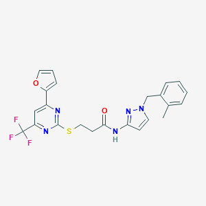molecular formula C23H20F3N5O2S B318299 3-{[4-(2-furyl)-6-(trifluoromethyl)-2-pyrimidinyl]thio}-N-[1-(2-methylbenzyl)-1H-pyrazol-3-yl]propanamide 