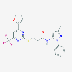 molecular formula C22H18F3N5O2S B318301 3-(4-Furan-2-yl-6-trifluoromethyl-pyrimidin-2-ylsulfanyl)-N-(5-methyl-2-phenyl-2H-pyrazol-3-yl)-propionamide 