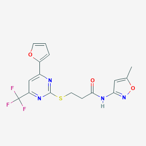 molecular formula C16H13F3N4O3S B318302 3-{[4-(2-furyl)-6-(trifluoromethyl)-2-pyrimidinyl]sulfanyl}-N-(5-methyl-3-isoxazolyl)propanamide 