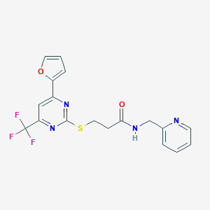 molecular formula C18H15F3N4O2S B318306 3-(4-Furan-2-yl-6-trifluoromethyl-pyrimidin-2-ylsulfanyl)-N-pyridin-2-ylmethyl-propionamide 