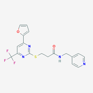 molecular formula C18H15F3N4O2S B318307 3-{[4-(2-furyl)-6-(trifluoromethyl)-2-pyrimidinyl]sulfanyl}-N-(4-pyridinylmethyl)propanamide 