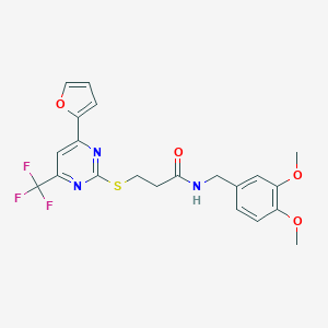 molecular formula C21H20F3N3O4S B318308 N-(3,4-dimethoxybenzyl)-3-{[4-(2-furyl)-6-(trifluoromethyl)-2-pyrimidinyl]sulfanyl}propanamide 