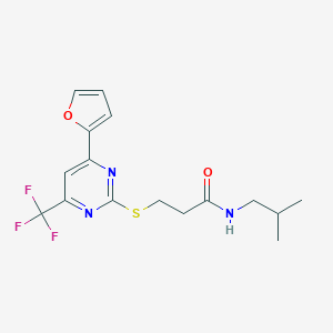 molecular formula C16H18F3N3O2S B318317 3-{[4-(2-furyl)-6-(trifluoromethyl)-2-pyrimidinyl]sulfanyl}-N-isobutylpropanamide 