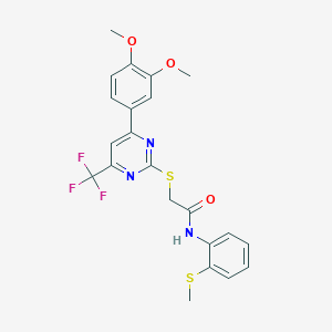 molecular formula C22H20F3N3O3S2 B318321 2-{[4-(3,4-dimethoxyphenyl)-6-(trifluoromethyl)-2-pyrimidinyl]sulfanyl}-N-[2-(methylsulfanyl)phenyl]acetamide 