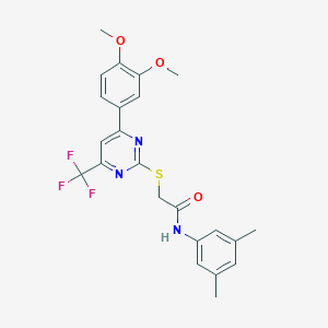 molecular formula C23H22F3N3O3S B318324 2-{[4-(3,4-dimethoxyphenyl)-6-(trifluoromethyl)-2-pyrimidinyl]sulfanyl}-N-(3,5-dimethylphenyl)acetamide 