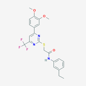 molecular formula C23H22F3N3O3S B318326 2-{[4-(3,4-dimethoxyphenyl)-6-(trifluoromethyl)-2-pyrimidinyl]sulfanyl}-N-(3-ethylphenyl)acetamide 