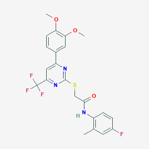 molecular formula C22H19F4N3O3S B318328 2-{[4-(3,4-dimethoxyphenyl)-6-(trifluoromethyl)-2-pyrimidinyl]sulfanyl}-N-(4-fluoro-2-methylphenyl)acetamide 