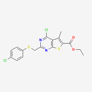 molecular formula C17H14Cl2N2O2S2 B3183282 Ethyl 4-chloro-2-{[(4-chlorophenyl)thio]methyl}-5-methylthieno[2,3-d]pyrimidine-6-carboxylate CAS No. 885459-29-0