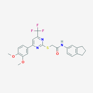 molecular formula C24H22F3N3O3S B318329 N-(2,3-dihydro-1H-inden-5-yl)-2-{[4-(3,4-dimethoxyphenyl)-6-(trifluoromethyl)-2-pyrimidinyl]sulfanyl}acetamide 