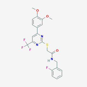 molecular formula C22H19F4N3O3S B318331 2-{[4-(3,4-dimethoxyphenyl)-6-(trifluoromethyl)-2-pyrimidinyl]sulfanyl}-N-(2-fluorobenzyl)acetamide 