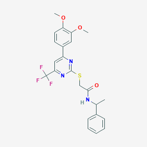 2-{[4-(3,4-dimethoxyphenyl)-6-(trifluoromethyl)-2-pyrimidinyl]sulfanyl}-N-(1-phenylethyl)acetamide