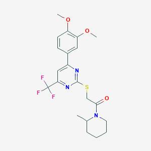 4-(3,4-Dimethoxyphenyl)-2-{[2-(2-methyl-1-piperidinyl)-2-oxoethyl]sulfanyl}-6-(trifluoromethyl)pyrimidine