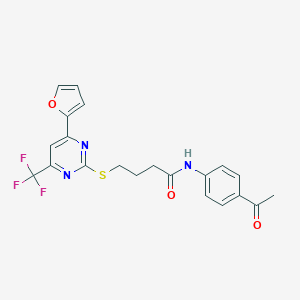 molecular formula C21H18F3N3O3S B318347 N-(4-acetylphenyl)-4-{[4-(2-furyl)-6-(trifluoromethyl)-2-pyrimidinyl]sulfanyl}butanamide 