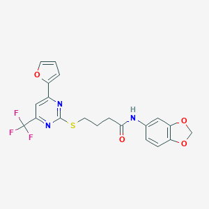 molecular formula C20H16F3N3O4S B318348 N-(1,3-benzodioxol-5-yl)-4-{[4-(2-furyl)-6-(trifluoromethyl)-2-pyrimidinyl]sulfanyl}butanamide 