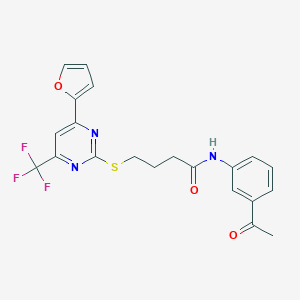 molecular formula C21H18F3N3O3S B318350 N-(3-acetylphenyl)-4-{[4-(2-furyl)-6-(trifluoromethyl)-2-pyrimidinyl]sulfanyl}butanamide 