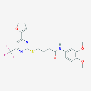 molecular formula C21H20F3N3O4S B318351 N-(3,4-dimethoxyphenyl)-4-{[4-(2-furyl)-6-(trifluoromethyl)-2-pyrimidinyl]sulfanyl}butanamide 