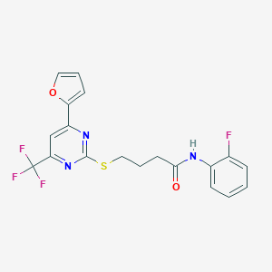 molecular formula C19H15F4N3O2S B318355 N-(2-fluorophenyl)-4-{[4-(2-furyl)-6-(trifluoromethyl)-2-pyrimidinyl]sulfanyl}butanamide 