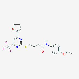 molecular formula C21H20F3N3O3S B318357 N-(4-ethoxyphenyl)-4-{[4-(2-furyl)-6-(trifluoromethyl)-2-pyrimidinyl]sulfanyl}butanamide 