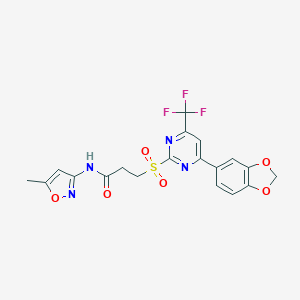molecular formula C19H15F3N4O6S B318362 3-{[4-(1,3-benzodioxol-5-yl)-6-(trifluoromethyl)-2-pyrimidinyl]sulfonyl}-N-(5-methyl-3-isoxazolyl)propanamide 