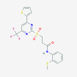 molecular formula C19H16F3N3O3S3 B318363 N-[2-(methylsulfanyl)phenyl]-3-{[4-(2-thienyl)-6-(trifluoromethyl)-2-pyrimidinyl]sulfonyl}propanamide 