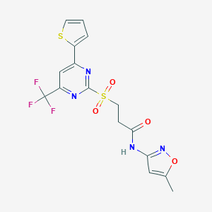 molecular formula C16H13F3N4O4S2 B318364 N-(5-methyl-3-isoxazolyl)-3-{[4-(2-thienyl)-6-(trifluoromethyl)-2-pyrimidinyl]sulfonyl}propanamide 