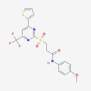 molecular formula C19H16F3N3O4S2 B318365 N-(4-methoxyphenyl)-3-{[4-(2-thienyl)-6-(trifluoromethyl)-2-pyrimidinyl]sulfonyl}propanamide 