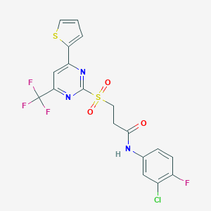 molecular formula C18H12ClF4N3O3S2 B318366 N-(3-chloro-4-fluorophenyl)-3-{[4-(2-thienyl)-6-(trifluoromethyl)-2-pyrimidinyl]sulfonyl}propanamide 