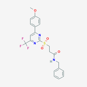 molecular formula C22H20F3N3O4S B318383 N-benzyl-3-{[4-(4-methoxyphenyl)-6-(trifluoromethyl)-2-pyrimidinyl]sulfonyl}propanamide 