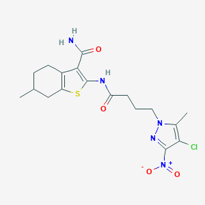 molecular formula C18H22ClN5O4S B318388 2-{[4-(4-chloro-5-methyl-3-nitro-1H-pyrazol-1-yl)butanoyl]amino}-6-methyl-4,5,6,7-tetrahydro-1-benzothiophene-3-carboxamide 