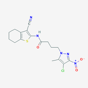 molecular formula C17H18ClN5O3S B318389 4-(4-chloro-5-methyl-3-nitro-1H-pyrazol-1-yl)-N-(3-cyano-4,5,6,7-tetrahydro-1-benzothien-2-yl)butanamide 