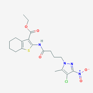 molecular formula C19H23ClN4O5S B318390 ethyl 2-{[4-(4-chloro-5-methyl-3-nitro-1H-pyrazol-1-yl)butanoyl]amino}-4,5,6,7-tetrahydro-1-benzothiophene-3-carboxylate 