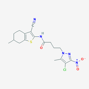 molecular formula C18H20ClN5O3S B318391 4-(4-chloro-5-methyl-3-nitro-1H-pyrazol-1-yl)-N-(3-cyano-6-methyl-4,5,6,7-tetrahydro-1-benzothien-2-yl)butanamide 