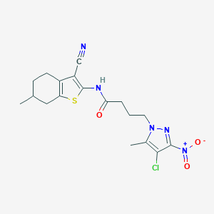 molecular formula C18H20ClN5O3S B318391 4-(4-chloro-5-methyl-3-nitro-1H-pyrazol-1-yl)-N-(3-cyano-6-methyl-4,5,6,7-tetrahydro-1-benzothiophen-2-yl)butanamide 