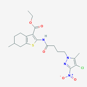 molecular formula C20H25ClN4O5S B318392 ethyl 2-{[4-(4-chloro-5-methyl-3-nitro-1H-pyrazol-1-yl)butanoyl]amino}-6-methyl-4,5,6,7-tetrahydro-1-benzothiophene-3-carboxylate 